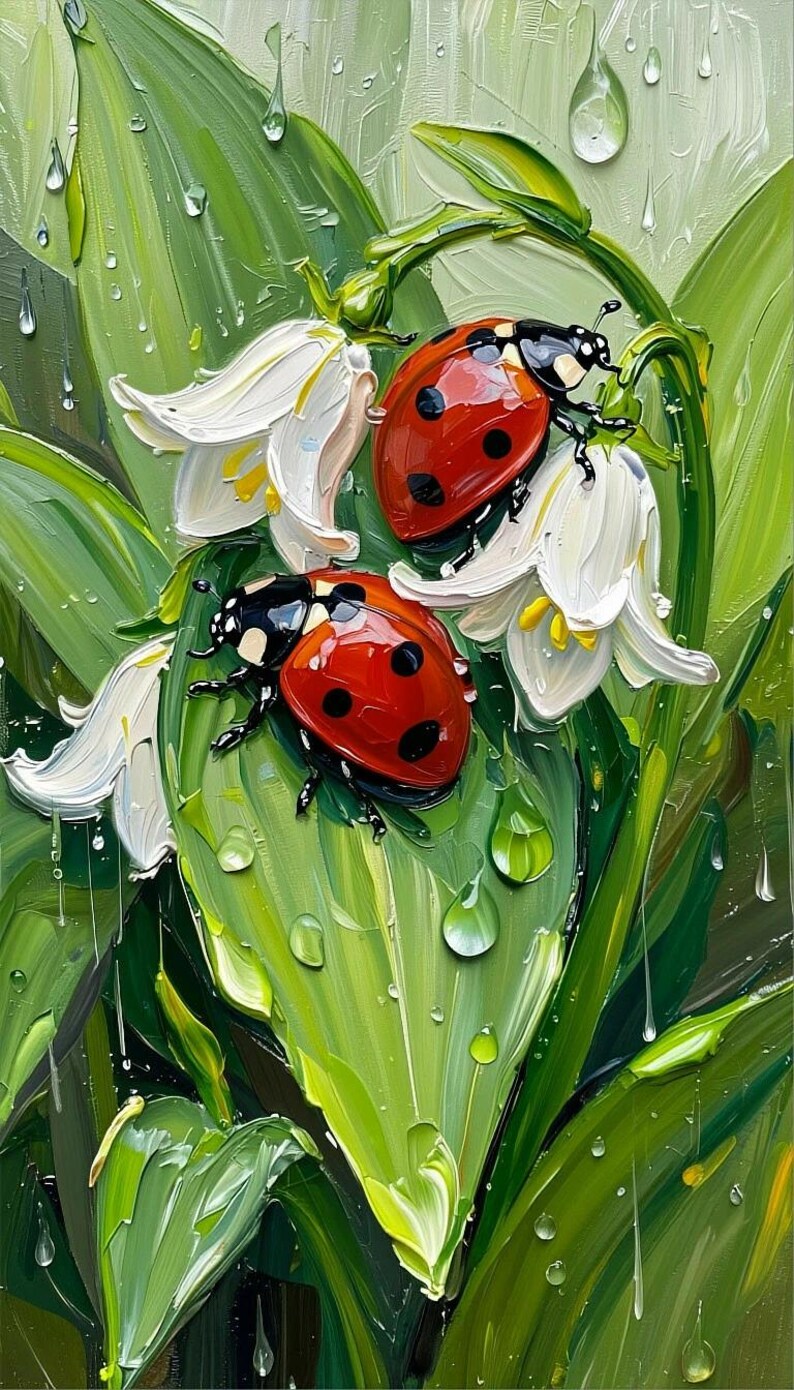 Pu&ograve; includere: Un dipinto vibrante di due coccinelle con gusci rossi e pois neri, appoggiate su foglie verdi e fiori bianchi. L'opera presenta pennellate visibili e gocce d'acqua, creando un effetto strutturato. Lo sfondo &egrave; un mix di verde e bianco.