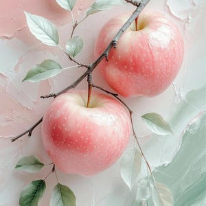 Pu&ograve; includere: Due mele rosa con una consistenza maculata sono raffigurate, ciascuna attaccata a un sottile ramo con foglie verdi. Lo sfondo presenta un design astratto strutturato in tonalit&agrave; di rosa e verde.