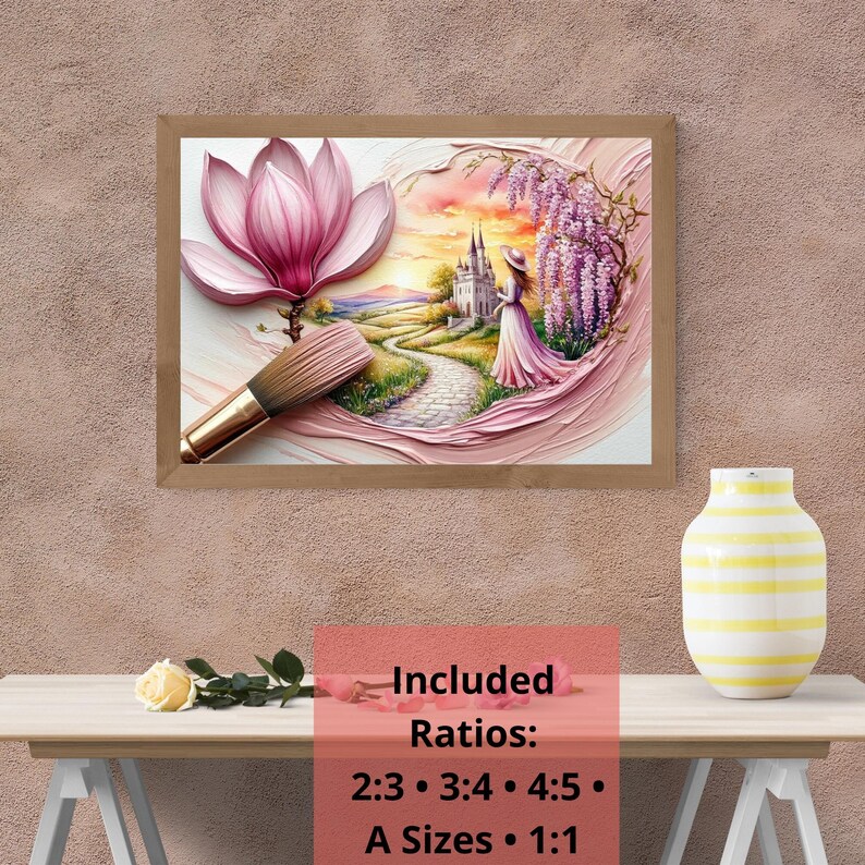 Pu&ograve; includere: Un'opera d'arte incorniciata con un fiore di magnolia rosa e un paesaggio con un castello e una figura con un vestito rosa. Un pennello per il trucco &egrave; posto davanti all'opera d'arte. Il testo "Included Ratios: 2:3 &bull; 3:4 &bull; 4:5 &bull; A Sizes &bull; 1:1" &egrave; visualizzato.