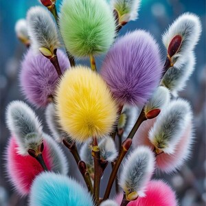 Pu&ograve; includere: Primo piano di rami di salice con amenti dai colori vivaci. Le gemme soffici sono tinte in tonalit&agrave; di rosa, blu, giallo, verde e viola. I rami marroni contrastano con gli amenti colorati, su uno sfondo sfocato.