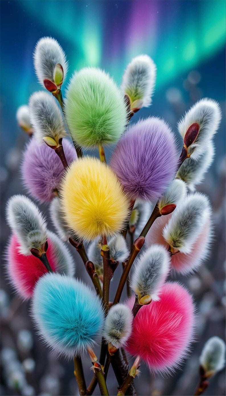 Pu&ograve; includere: Primo piano di rami di salice con amenti dai colori vivaci. Le gemme soffici sono tinte in tonalit&agrave; di rosa, blu, giallo, verde e viola. I rami marroni contrastano con gli amenti colorati, su uno sfondo sfocato.
