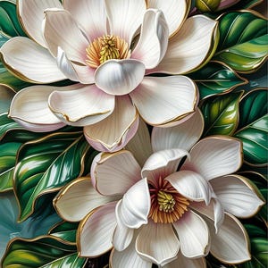 Pu&ograve; includere: Illustrazione dettagliata di fiori di magnolia bianchi con bordi dorati sui petali e foglie verdi. I fiori hanno un centro rosa e sono ambientati su uno sfondo turchese e oro.