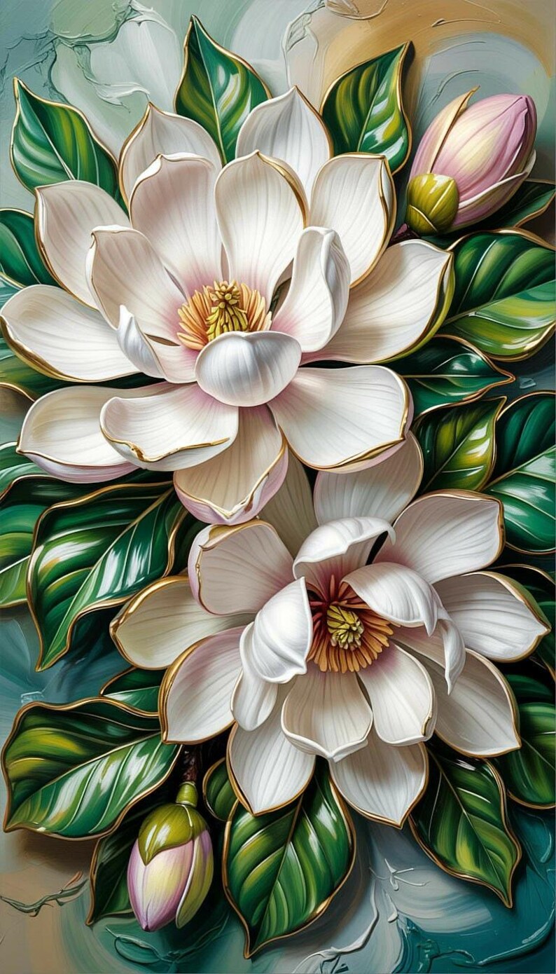 Pu&ograve; includere: Illustrazione dettagliata di fiori di magnolia bianchi con bordi dorati sui petali e foglie verdi. I fiori hanno un centro rosa e sono ambientati su uno sfondo turchese e oro.