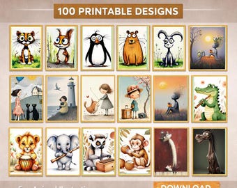 Playful Animal Wall Art Prints, Nursery Kids Room Decor (100 Designs)