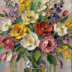 Pu&ograve; includere: Un vivace dipinto a olio di una composizione floreale in un vaso di vetro trasparente. Il bouquet presenta una variet&agrave; di fiori nei toni del giallo, rosso, rosa, bianco e viola, con foglie verdi. Il dipinto ha uno stile impasto strutturato.
