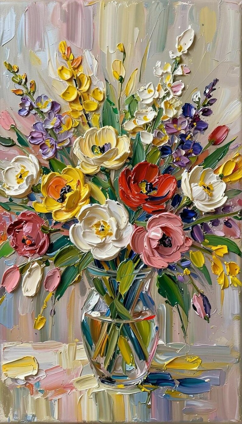 Pu&ograve; includere: Un vivace dipinto a olio di una composizione floreale in un vaso di vetro trasparente. Il bouquet presenta una variet&agrave; di fiori nei toni del giallo, rosso, rosa, bianco e viola, con foglie verdi. Il dipinto ha uno stile impasto strutturato.