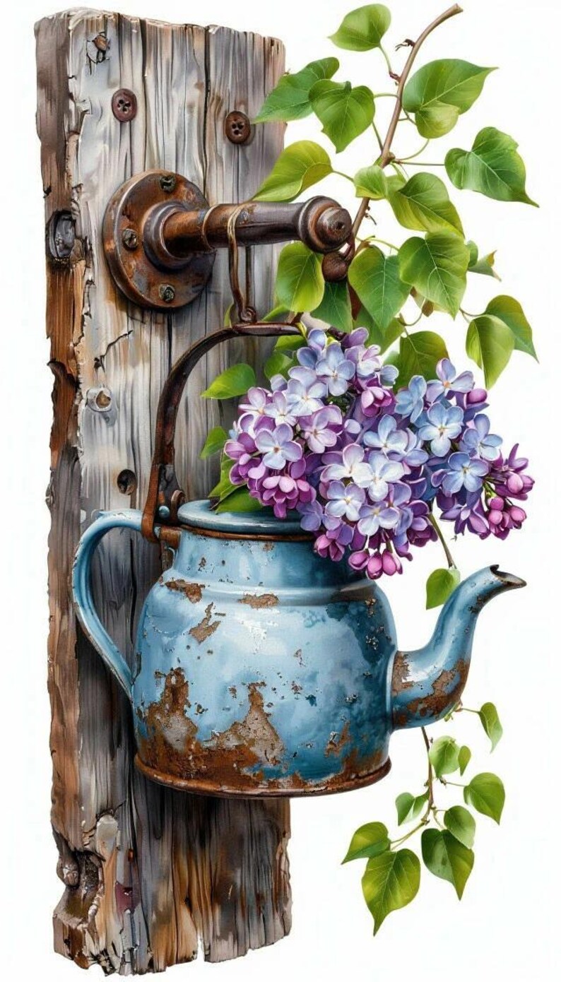 Pu&ograve; includere: Una teiera blu rustica, piena di fiori viola e blu, &egrave; appesa a una tavola di legno invecchiata. La teiera ha un aspetto invecchiato e usurato, con accenti color ruggine. Foglie e viti verdi aggiungono un tocco naturale.