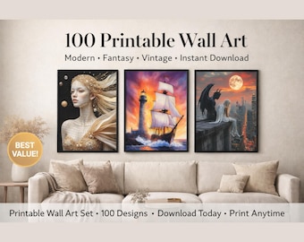 100 Futuristic AI Art Prints, Sci-Fi Fantasy Cyberpunk Decor (Digital Download)