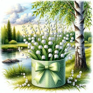 Pu&ograve; includere: Un dipinto digitale di un bouquet di fiori bianchi di mughetto in un contenitore decorativo verde con un fiocco. La scena comprende un lago, alberi e una betulla.