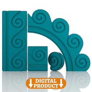 Puede incluir: Elementos arquitectónicos decorativos de color turquesa con un diseño en espiral. La imagen incluye una pieza rectangular, una pieza cuadrada, una pieza semicircular y una pieza redondeada. Se muestra el texto "DIGITAL PRODUCT".