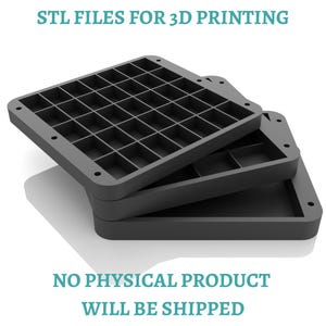 May include: Digital STL files for 3D printing featuring a stack of three black square trays with internal grid compartments. The text STL FILES FOR 3D PRINTING and NO PHYSICAL PRODUCT WILL BE SHIPPED is displayed in teal against a white background.