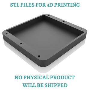 May include: A matte black square tray with rounded corners and six small circular holes along the edges. The text STL FILES FOR 3D PRINTING and NO PHYSICAL PRODUCT WILL BE SHIPPED is displayed in teal above and below the object.
