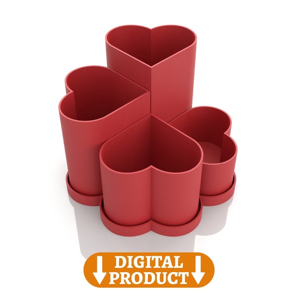 Stiftehalter-Kit mit austauschbaren herzförmigen Teilen und kleeförmigem Tablett - 3D druckbare STL-Datei - Perfektes DIY-Valentinstagsgeschenk