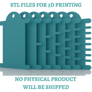 May include: A set of six teal-colored thread spool organizers with varying notch patterns for 3D printing. The image includes the text STL FILES FOR 3D PRINTING and NO PHYSICAL PRODUCT WILL BE SHIPPED. Each organizer features a top hole for hanging.