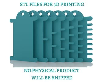 May include: A set of six teal-colored thread spool organizers with varying notch patterns for 3D printing. The image includes the text STL FILES FOR 3D PRINTING and NO PHYSICAL PRODUCT WILL BE SHIPPED. Each organizer features a top hole for hanging.