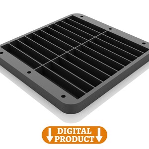 Puede incluir: Una rejilla de ventilación cuadrada de plástico negro con un patrón de rejilla. La rejilla de ventilación tiene un borde elevado y está diseñada para usarse en una pared o techo.