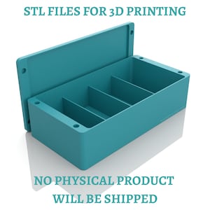 Può includere: Una scatola rettangolare color verde acqua con coperchio aperto e tre divisori interni. Il testo STL FILES FOR 3D PRINTING e NO PHYSICAL PRODUCT WILL BE SHIPPED è visualizzato in lettere color verde acqua sopra e sotto la scatola.