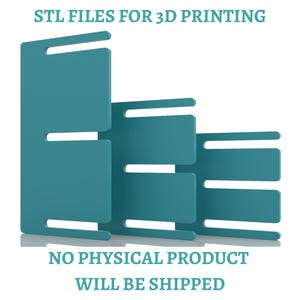 Könnte beinhalten: Drei türkisfarbene, flache, rechteckige Paneele mit horizontalen Schlitzen, die in einer gestuften Formation angeordnet sind. Der Text oben lautet STL FILES FOR 3D PRINTING und der Text unten lautet NO PHYSICAL PRODUCT WILL BE SHIPPED.