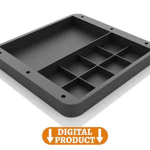 May include: A black plastic organizer with a large compartment and several smaller compartments. The organizer is designed to hold small items, such as jewelry, tools, or craft supplies.