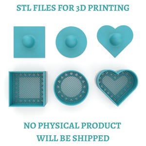 May include: A set of three teal 3D printing STL files featuring square, circular, and heart-shaped containers with matching lids and mesh-patterned bases. The text STL FILES FOR 3D PRINTING and NO PHYSICAL PRODUCT WILL BE SHIPPED is included.