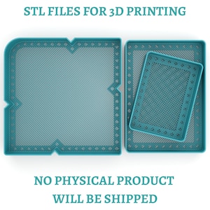 May include: Three teal-coloured rectangular trays with a mesh base and decorative border pattern. The text STL FILES FOR 3D PRINTING and NO PHYSICAL PRODUCT WILL BE SHIPPED is displayed in teal letters above and below the trays respectively.