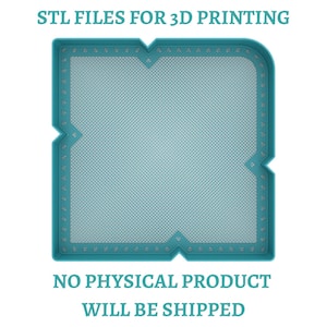 Puede incluir: Un marco cuadrado de color verde azulado con esquinas muescadas y un centro de malla fina. El texto superior dice STL FILES FOR 3D PRINTING y el texto inferior dice NO PHYSICAL PRODUCT WILL BE SHIPPED. El diseño presenta pequeños puntos.