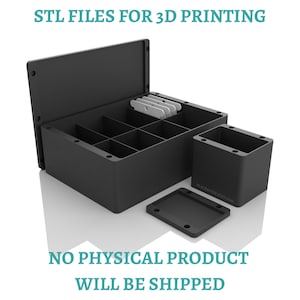 Könnte beinhalten: Eine schwarze 3D-gedruckte Aufbewahrungsbox mit offenem Deckel, internen Trennwänden und einem separaten kleineren Behälter mit Deckel. Der Text STL FILES FOR 3D PRINTING und NO PHYSICAL PRODUCT WILL BE SHIPPED ist in Blaugrün abgebildet.