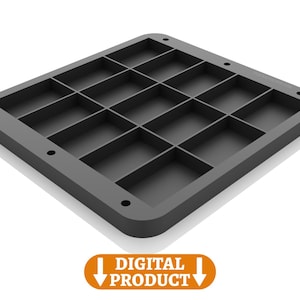 May include: A dark gray, square-shaped tray with a grid of rectangular compartments. The tray has rounded corners and small holes along the edges. The words "DIGITAL PRODUCT" are displayed in an orange banner.