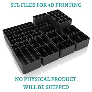 Könnte beinhalten: Eine Sammlung schwarzer Schubladenorganizer mit verschiedenen Gitterfächern zur Aufbewahrung. Der Text STL FILES FOR 3D PRINTING und NO PHYSICAL PRODUCT WILL BE SHIPPED ist in Blaugrün dargestellt. Dies sind digitale Dateien für den 3D-Druck.