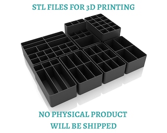 May include: A collection of black drawer organizers with various grid compartments for storage. The text STL FILES FOR 3D PRINTING and NO PHYSICAL PRODUCT WILL BE SHIPPED is displayed in teal. These are digital files for 3D printing purposes.