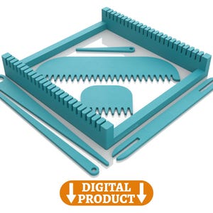 May include: A teal blue loom kit for weaving. The kit includes a square frame, two weaving needles, and two comb-like tools. The frame has a series of notches along the edges.