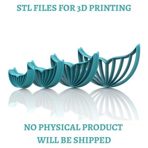May include: Four teal-colored, fan-shaped objects with vertical ribbing, arranged in increasing size from left to right. The text "STL FILES FOR 3D PRINTING" appears at the top, and "NO PHYSICAL PRODUCT WILL BE SHIPPED" is printed at the bottom.