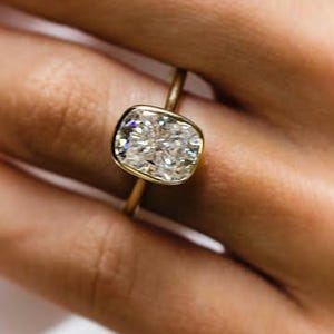 Bezel Set Cushion Cut Lab Grown Diamond Ring: 18K Gold Solitaire