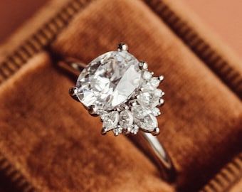 Vintage Oval Moissanite Engagement Ring: 14k Rose Gold Floral Diamond Cluster