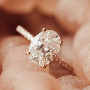 Oval Moissanite Engagement Ring: Solid Gold Pave Bridal Ring
