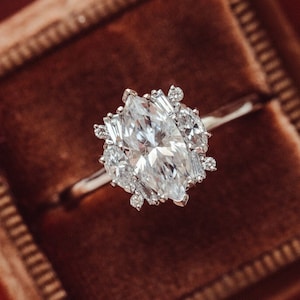 Art Deco Marquise Moissanite Ring: Starburst Promise Ring
