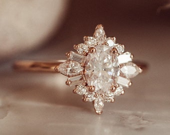 Gold Sunburst Oval Moissanite Engagement Ring: Art Deco Cluster Halo