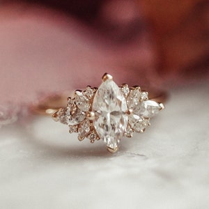 14k Solid Gold Sunburst Halo Ring | Unique Engagement Ring Women | Vintage Marquise Ring | Art Deco Anniversary Ring | Starburst Ring Gold