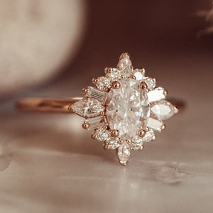 Gold Sunburst Oval Cut Moissanite Diamond Baguette Round & Marquise Cluster Halo Engagement Ring, Vintage Style Art Deco Ring, Gift for her