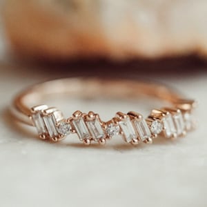 Baguette & Round Cut Wedding Band Vintage Wedding Band Stacking Band Unique Half Eternity Bridal Ring Gift For Her Solid Gold Band For Women