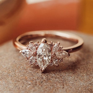 Vintage Style Marquise Moissanite Engagement Ring: 14K Gold Starburst Anniversary Ring