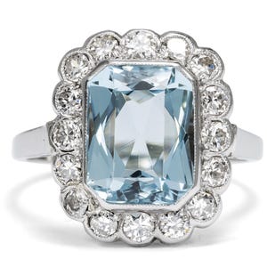 Art Déco Aquamarine & Diamond Ring, Vintage Style, Elegant Geometric Gift for Her