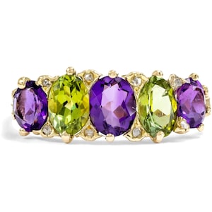 Antique Gold Ring with Vibrant Peridot & Rich Amethyst | Unique Vintage Style Gemstone Statement Piece | Ethical Gems
