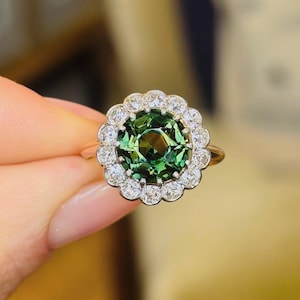 Antique Green Sapphire & Diamond Cluster Ring, Vintage Solid Gold Ring, Lab Diamond Halo Ring, Green Gem Engagement Ring, Gift For Her