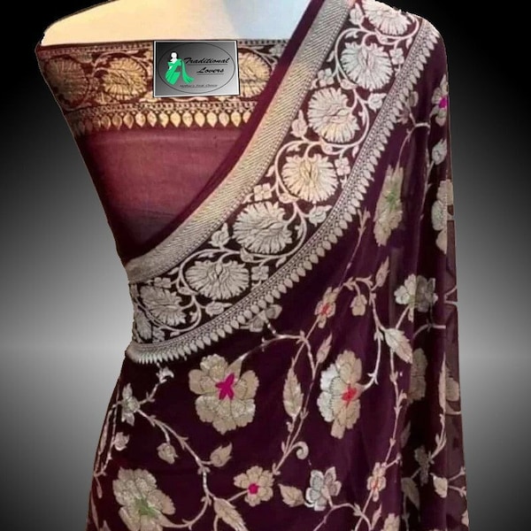 Banarasi Semi Georgette Saree with Stitched Blouse | Georgette saree | Khaddi chiffon saree | Banarasi silk saree | Banarasi saree |