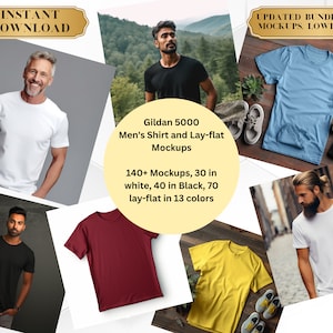 Gildan 5000 Male t-shirt and Lay-Flat mockup Bundle. 140+ Gildan 5000 mockups. Gildan 5000 Layflat mockups. Gildan 5000 bundle.