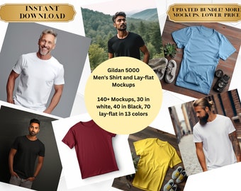 Gildan 5000 Male t-shirt and Lay-Flat mockup Bundle. 140+ Gildan 5000 mockups. Gildan 5000 Layflat mockups. Gildan 5000 bundle.
