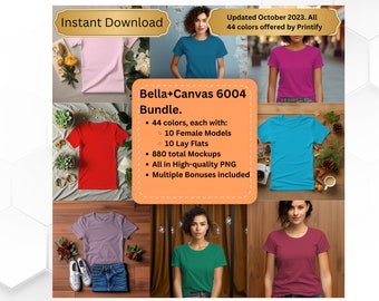 Bella Canvas 6004 mockupbundel. 44 kleuren. 880 proefmodellen. Vrouwelijk model, plat liggend model. Het favoriete T-shirt van de vrouw, mockupbundel