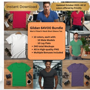 Gildan 64V00 Herren-Kurzarm-T-Shirt mit V-Ausschnitt und Lay-Flat-Mockup-Paket. 240 Gildan 64V00 V-Ausschnitt Mockups. Gildan Mockup Bundle