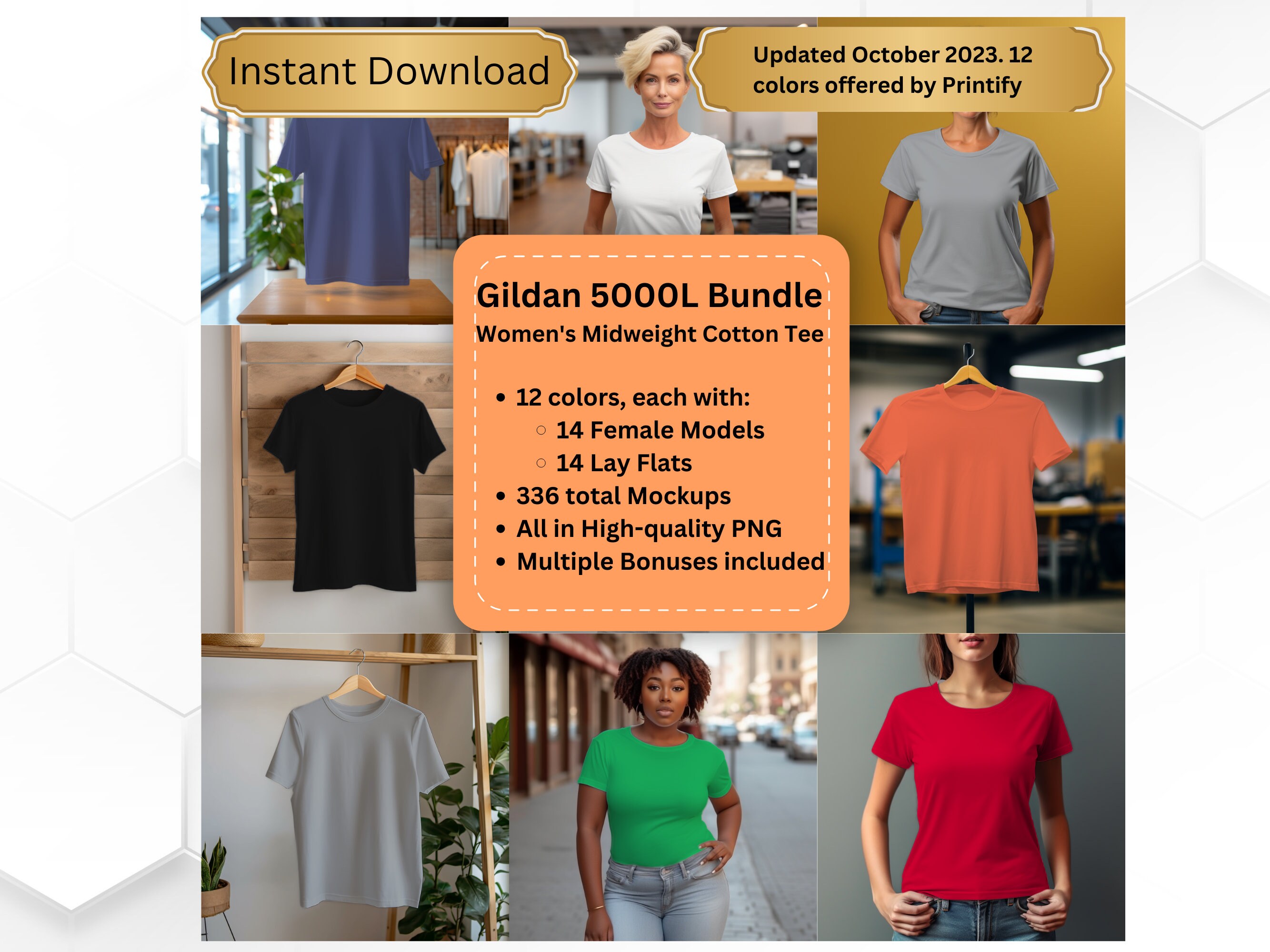 Gildan 5000L mockupbundel van middelzwaar katoen voor dames. 336+ mockups met vrouwelijke en platliggende modellen. Vrouwelijke mockups, platliggende mockups.